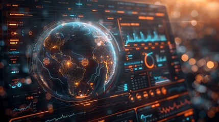 A network monitoring interface on a computer monitor, centered around an interactive 3D globe that displays live data flow between countries, marked by bright, flowing lines.