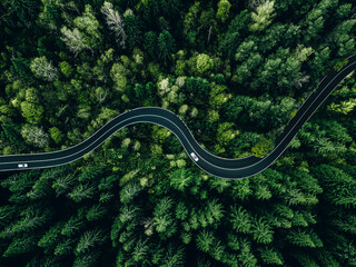 Aerial view of curved road with cars passing through the green summer forest