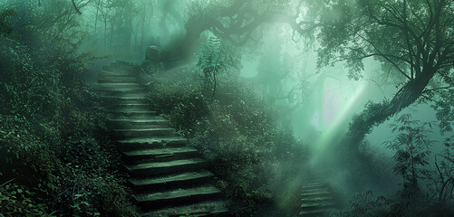 : A staircase disappearing into the misty depths of a dense forest - obrazy, fototapety, plakaty