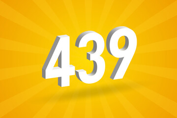 3D 439 number font alphabet. White 3D Number 439 with yellow background