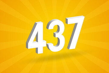 3D 437 number font alphabet. White 3D Number 437 with yellow background