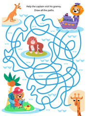 Maze for children. Puzzle for kids. Help captain of liner to visit grandma. Draw tracks. Cute cartoon characters. Vector illustration.