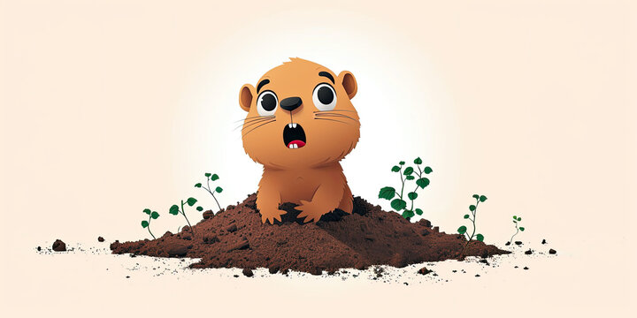 cartoon small groundhog crawled out of the hole and opens his mouth in surprise, event Groundhog Day, copy space