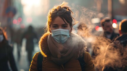 A bustling city street scene during rush hour, exhaust fumes mingling with the evening light, pedestrians wearing masks against the pollution.