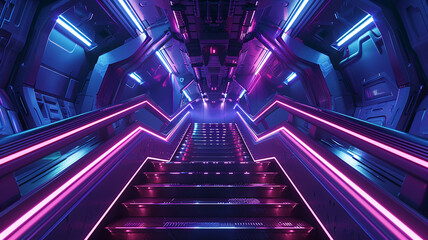 : A futuristic staircase in a sci-fi spaceship, illuminated by pulsating neon lights. - obrazy, fototapety, plakaty