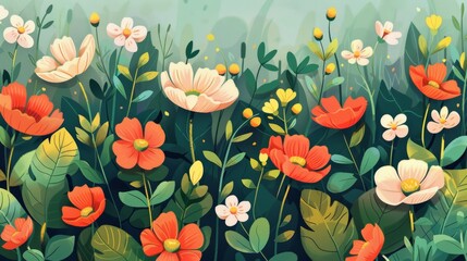 Naklejka premium Detailed garden scenes bloom with cartoon minimalism.