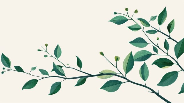 Minimalist branches depict the sprouting of green leaves and buds.