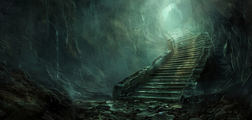 : A staircase leading down into the depths of a dark, ominous cave - obrazy, fototapety, plakaty