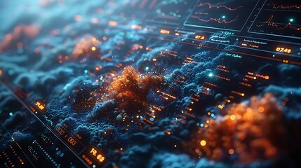 An immersive network monitoring interface on a computer screen, visualizing data as streams of light weaving through an underwater scene. - obrazy, fototapety, plakaty