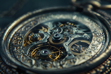 Fototapeta na wymiar A high-definition capture of a vintage pocket watch, showcasing its intricate gears and timeless design.