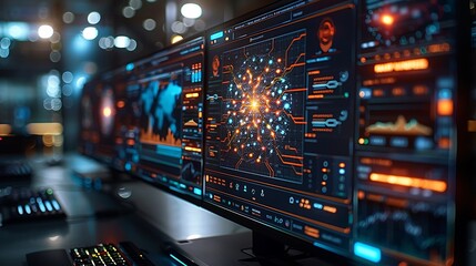 On a computer monitor, an abstract visualization of an AI neural network at work, with nodes illuminating to signal data processing.