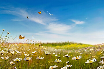 flying over them and a blue sky background with a few white, pink, and yellow flowers