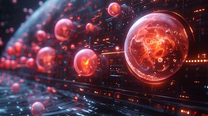 On the computer monitor, a futuristic quantum interface displays a mesmerizing array of qubits, visualized as glowing orbs connected by energy lines. - obrazy, fototapety, plakaty