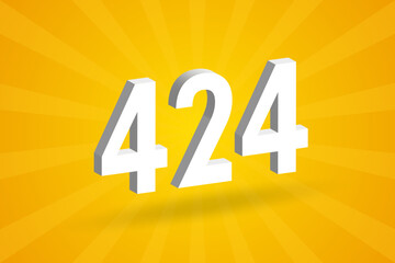 3D 424 number font alphabet. White 3D Number 424 with yellow background