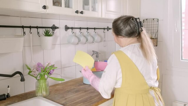 mature woman, corpulent housekeeper wiping down kitchen counter, spring home cleaning, cleaning wipes, detergents, hyacinth flowers in vase on table, division of household labor