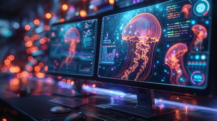 On the computer monitor, an abstract visualization of network activity and health, styled as an underwater odyssey.