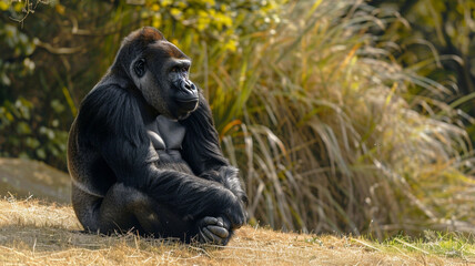 A majestic gorilla sitting in a contemplative pose, its powerful presence commanding attention.