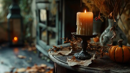 room in old, rustic house with a candle, pumpkin and dry autumn leaves on the table. 