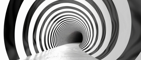 A tunnel filled with a circle in white and black, showcasing surreal landscapes, spirals, minimalist surrealist style, and abstract figures.