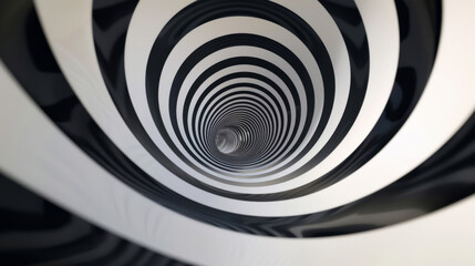 A black and white spiral pattern inside a tunnel, representing conceptual sculptures, muted surrealism, unmodulated color, and minimal sculpture.