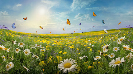flying over them and a blue sky background with a few white, pink, and yellow flowers