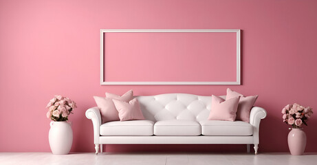 modern interior with sofa and photos mockup frame.