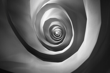 A spiral tunnel in the shape of an egg in black and white, reflecting abstract sculptures, meditative color contrasts, and minimalism.