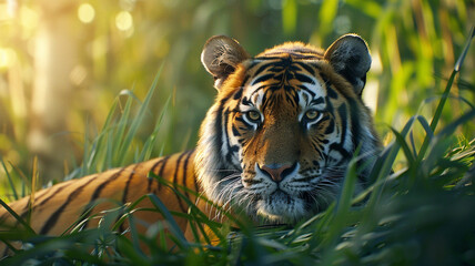 A majestic tiger resting in the tall grass, its stripes blending seamlessly with its surroundings.