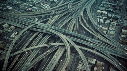 An expansive network of crisscrossing highways and bridges connecting the urban landscape like a web from above. - obrazy, fototapety, plakaty