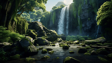 A majestic waterfall surrounded by lush greenery and moss-covered rocks. - obrazy, fototapety, plakaty