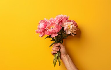 Soft pastel peonies clutched in hand against a mustard yellow backdrop, showcasing the delicate beauty of spring.