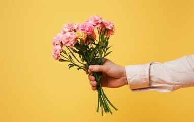 An arm extends to offer a bunch of soft pink carnations, set against a sunny yellow background, epitomizing springtime cheer.