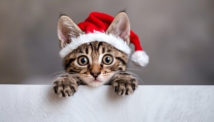 Adorable kitten in red christmas hat peeking playfully from behind a blank banner