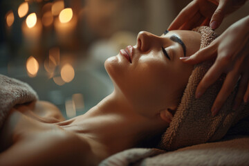 Young woman having a facial massage in a spa salon, closeup of a beautiful young girl with closed eyes lying on a table 
