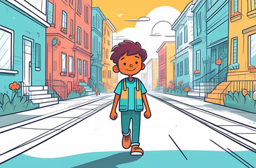 child with school backpack walking on the street illustration 