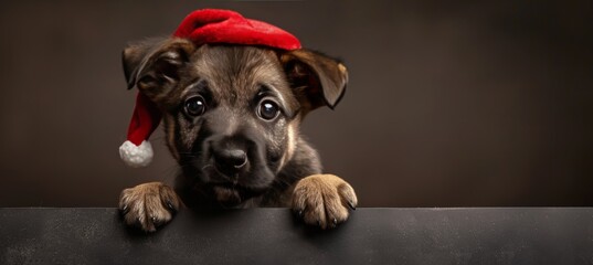 Cute puppy in a red christmas hat peeking out from behind a blank banner in a playful manner