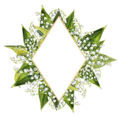 Wreath of spring flowers of lilies of the valley. Hand-drawn watercolor diamond-shaped frame. Watercolor illustration.