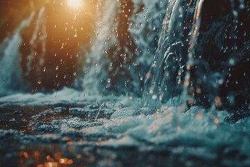 A mesmerizing 4K image of a cascading waterfall, captured in motion, with water droplets glistening in the sunlight, evoking a sense of tranquility.