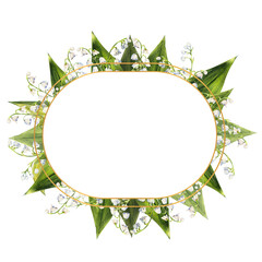 Wreath of spring flowers of lilies of the valley. Hand-drawn watercolor oval frame. Watercolor illustration.