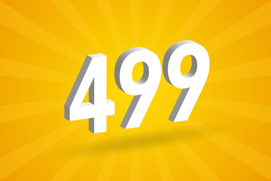 3D 499 number font alphabet. White 3D Number 499 with yellow background