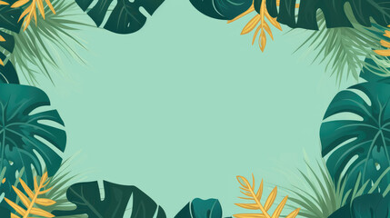 Summer or spring background with colorful green tropical ( banana, palm ) leaves, bees and flowers. Vector flat style template for banner, flyer, wallpaper, brochure and greeting card. 