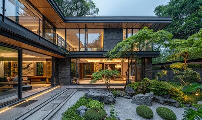 A modern villa with dark stone facade and large windows, surrounded by green trees