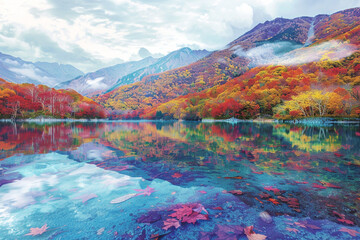 A mesmerizing 4K image of a crystal-clear lake reflecting the surrounding mountains, with vibrant foliage adding splashes of color to the serene landscape.