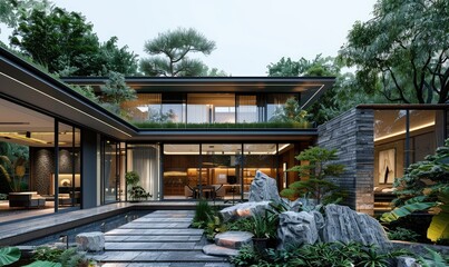 Fototapeta premium A modern villa with dark stone facade and large windows, surrounded by green trees