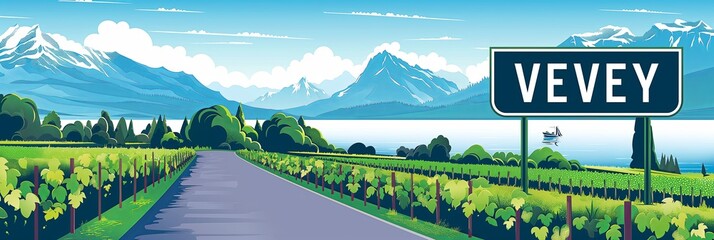 Illustration of Vevey's lush vineyards with Lake Geneva, fitting for travel and wine tourism articles.