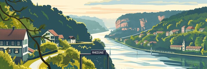 Nestled in verdant hills, Rhäzüns village gazes over the Rhine, ideal for stories of Swiss rural beauty. - obrazy, fototapety, plakaty