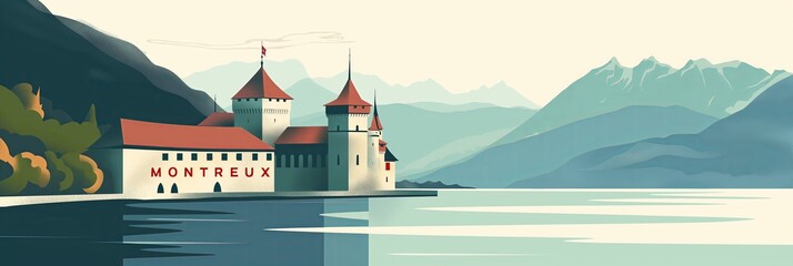 Montreux's historic castle adorns Lake Geneva's shore, a perfect visual for luxury and historic travel guides. - obrazy, fototapety, plakaty
