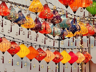 Colorful paper lanterns on the streets of old Asian town