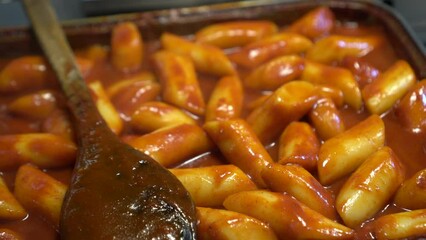 tteokbokki spicy Korean rice cake in red sauce fast easy food of Korea