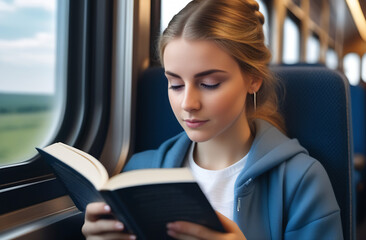 Young beautiful woman in a train reading book